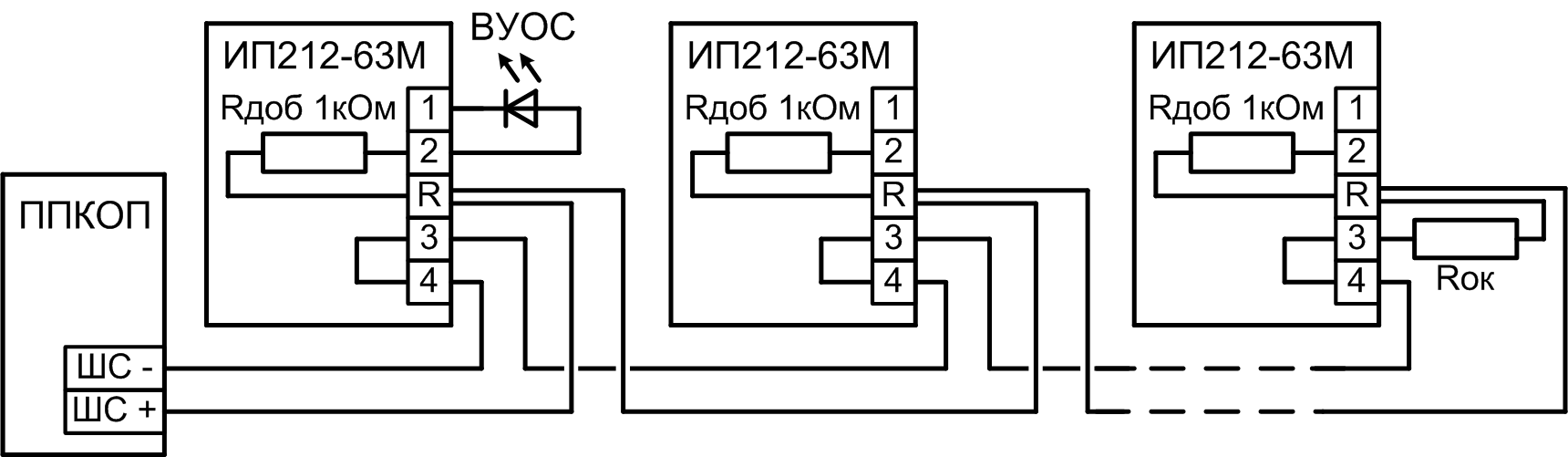 Типовая схема включения извещателя для приборов с однополярным шлейфом сигнализации. Величина резистора Rок определяется в соответствии с техническим описанием ПКП Извещатель пожарный дымовой оптико-электронный Данко 2. Изображение 1